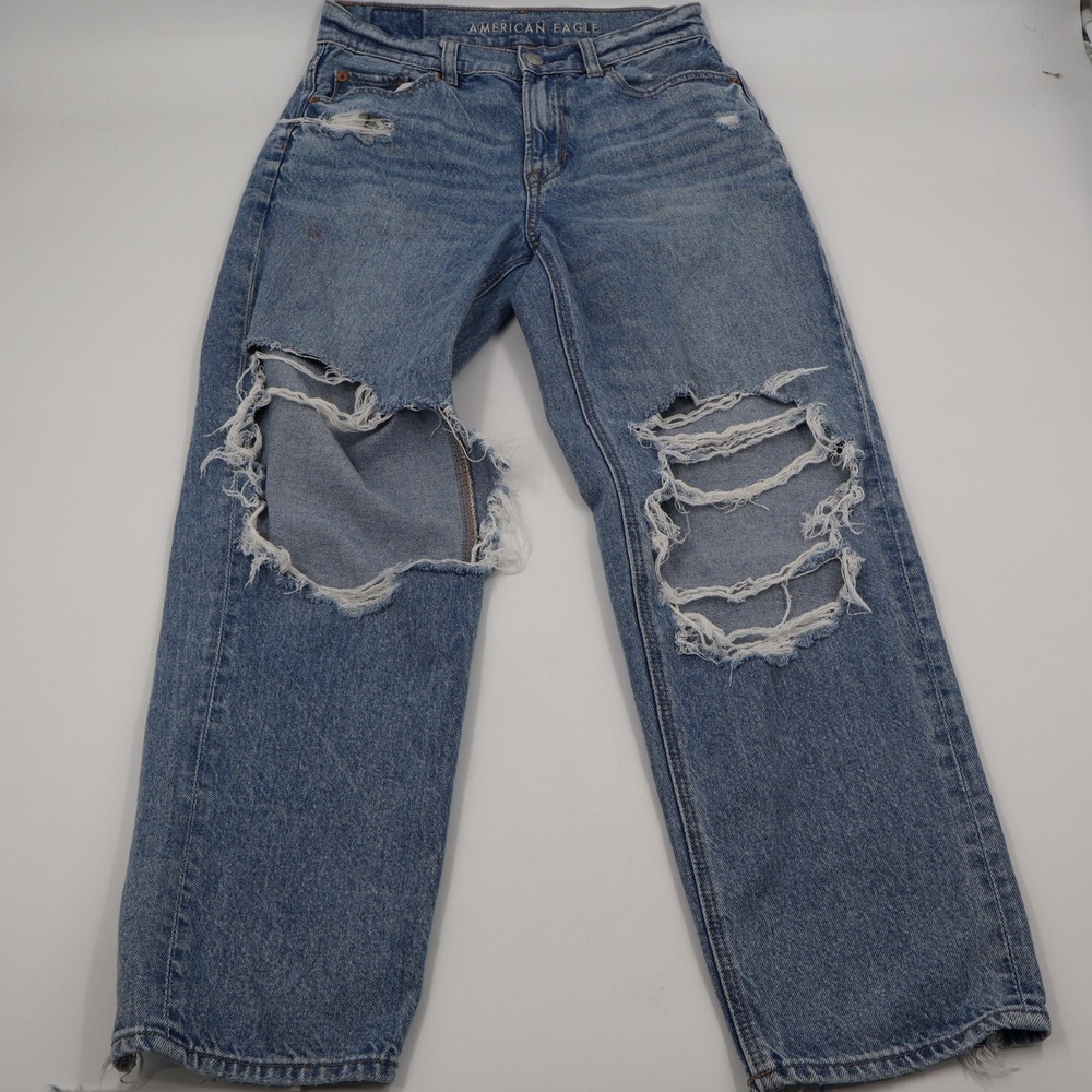 American Eagle Strigid Jeans Womens 2 Blue High‎ Rise Straight Distressed 90s